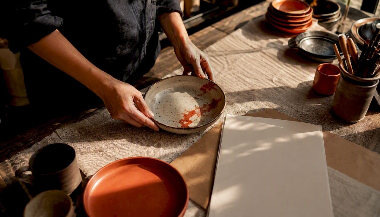 Hand arranging menu draft on restaurant table